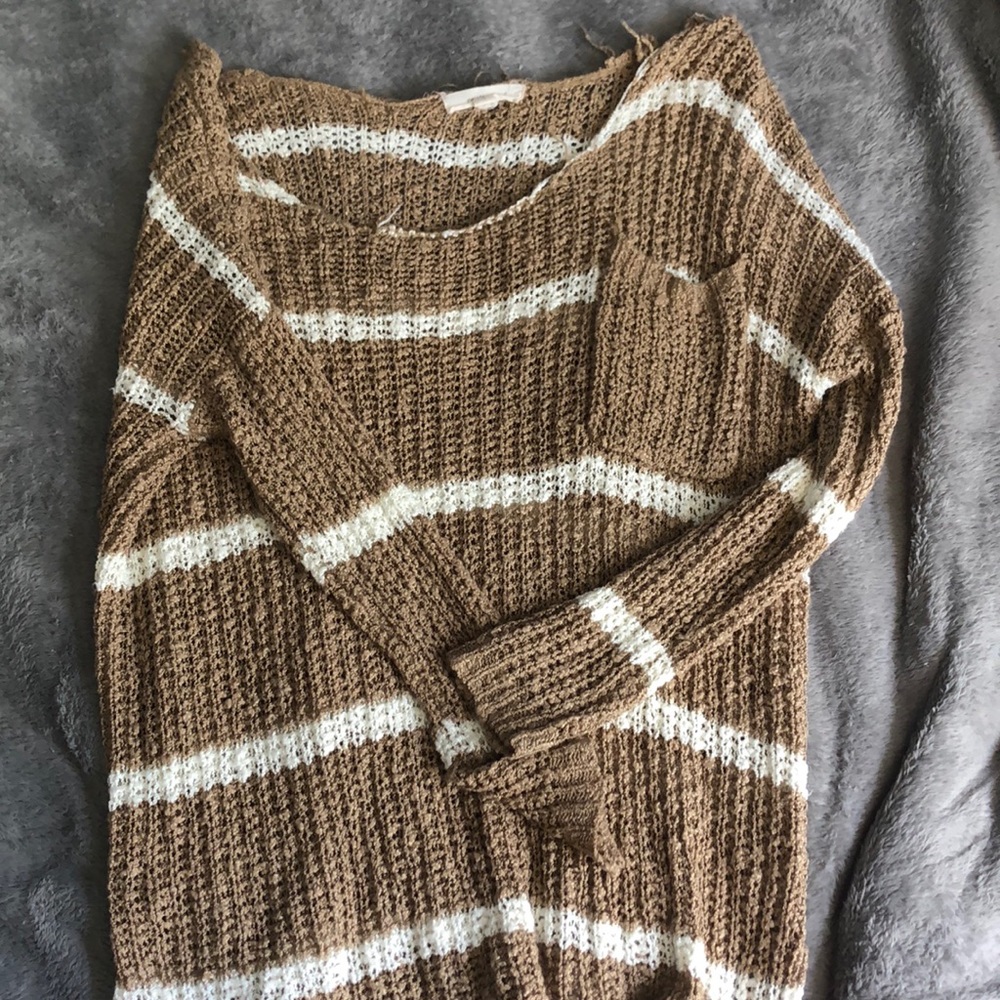Light brown and white striped distressed sweater